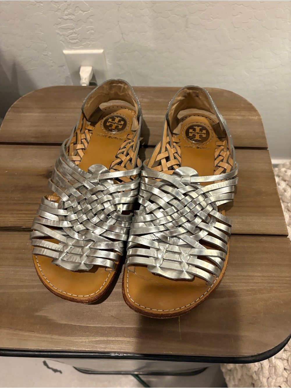 Tory Burch Metallic Silver Woven Leather Sandals